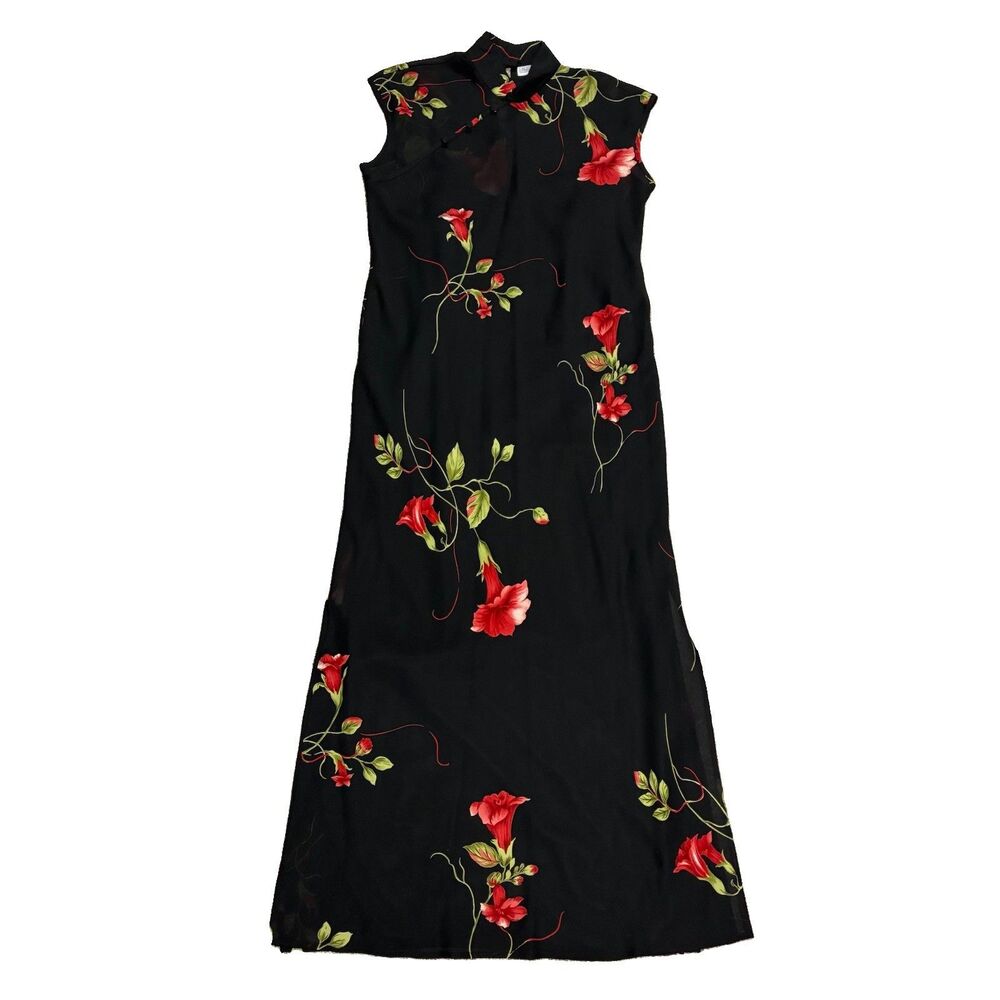 VTG Jessica Howard Asian Inspired Dress & Slip Size 2 Black Floral Y2K READ DESC